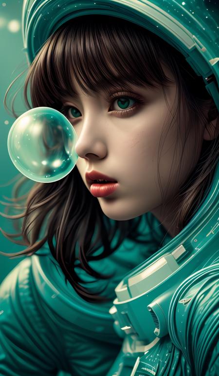 00957-1806841160-blowing bubble gum, green bubble gum,young girl, abstract dream, space, intricate, grand scale, alone, cinematic film still, ins.png